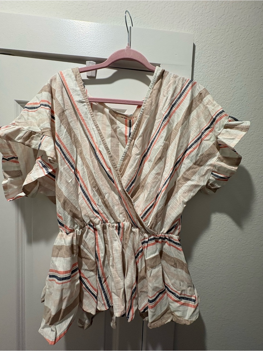 Womenโs Striped Ruffle Sleeve Tope - Pink, Tan & White